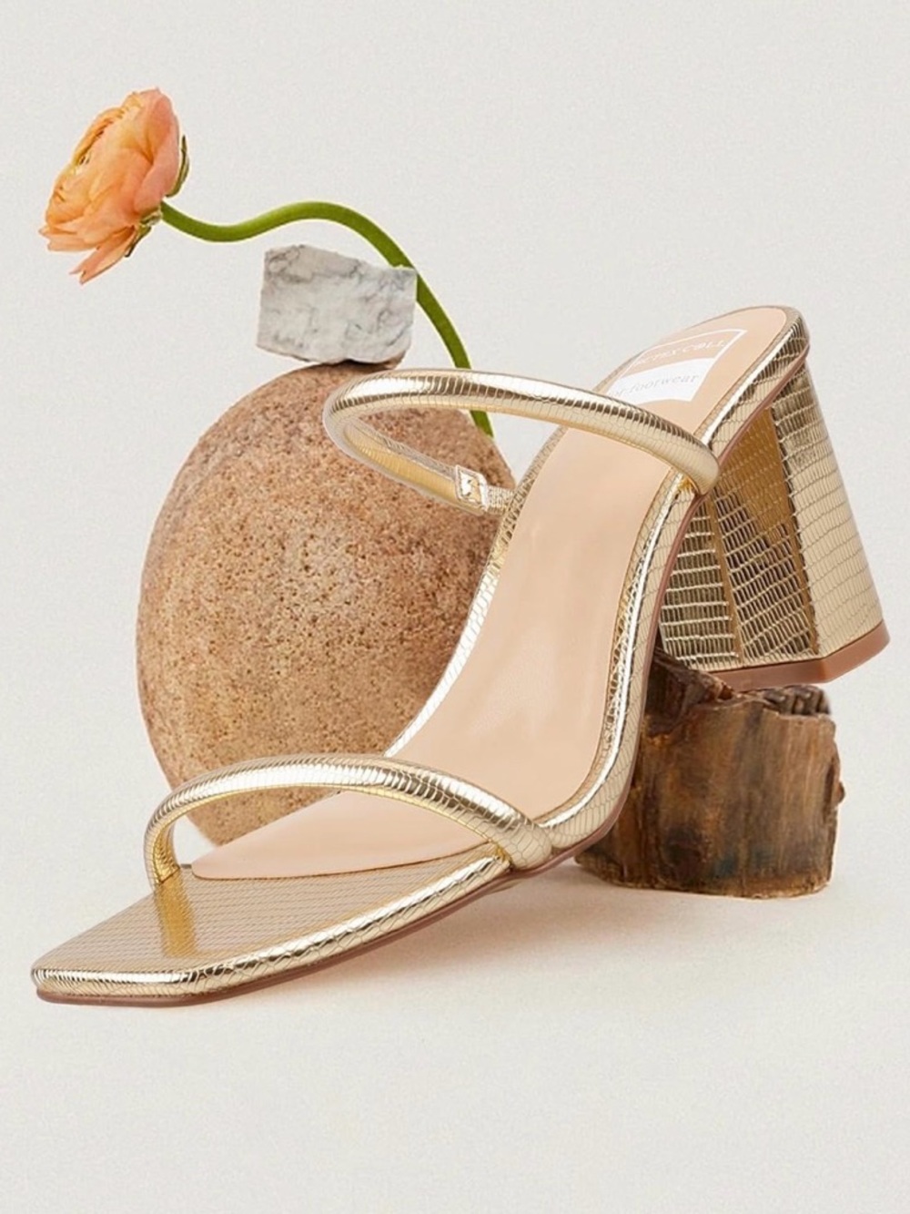 Gold Metallic Square-Toe Block Heel Sandal